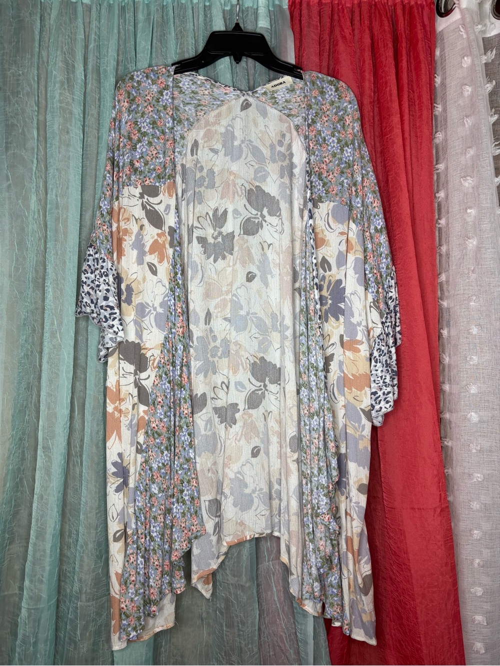 ADORA Floral Patchwork Kimono Cardigan in Cream, Gray & Peach Tones